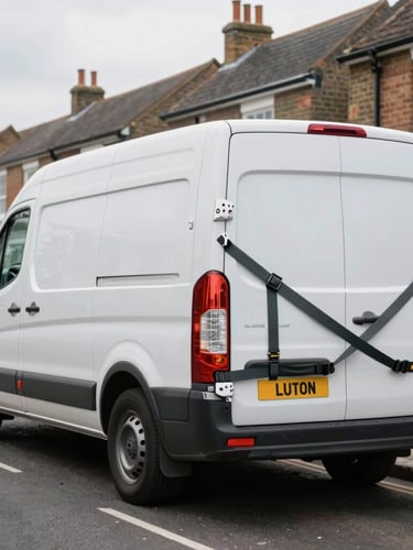 A clean, branded Luton van parked on a residential London street, professional movers in orange-trimmed uniforms securing cargo with heavy-duty straps in bright overcast daylight.