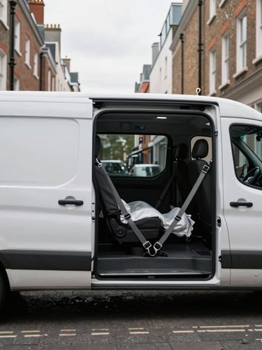 A modern clean transit van parked on a narrow Victorian street in London, bright overcast daylight, side door open showing heavy-duty straps and protective blankets inside.