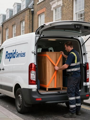 A clean, modern Luton van with Rapid Services branding parked on a classic London street. A uniformed removals specialist in safety gear is securing a wooden cabinet with heavy-duty orange straps inside the open cargo hold. Bright overcast London daylight.