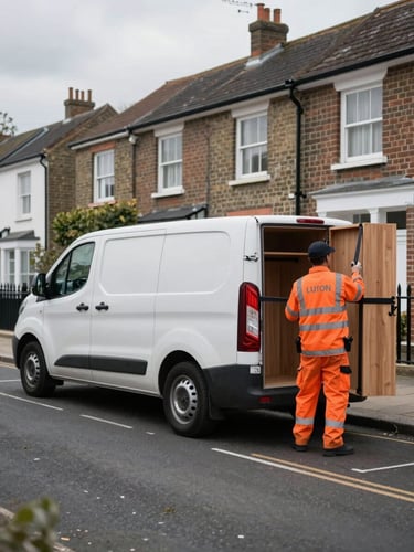 Wide shot of a clean, branded Luton van parked on a typical London residential street under overcast daylight, a uniformed worker in high-visibility safety orange securing a wooden wardrobe with heavy-duty straps.