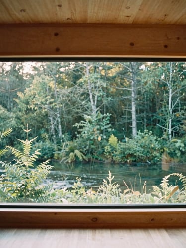 Portrait shot of a minimalist cabin interior, large windows overlooking a lush forest, natural wood and clean lines, soft morning light, 35mm film
