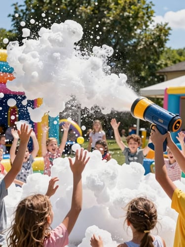 Action shot of a massive backyard foam party, a high-output foam cannon launching a mountain of clean white foam over excited kids raising their hands, bright summer sun