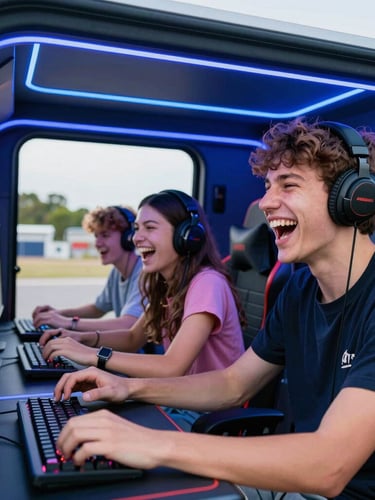 A close-up of excited teenagers laughing and playing video games inside a modern, neon-lit gaming truck, vibrant electric blue LED lights casting a glow on their faces