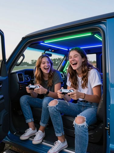 Vibrant portrait shot inside a custom game truck illuminated by bright neon blue and green LED lights, two excited teenagers laughing while holding controllers, candid energy