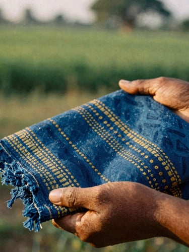 Close-up of hands holding a hand-woven indigo Yoruba textile, warm natural sunlight highlighting the rich blue and gold threads, detailed texture, 35mm film aesthetic