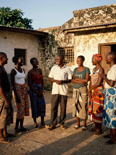 A candid environmental portrait of a diverse group of travelers of African descent laughing with a local guide under the warm golden hour sun in a historic stone courtyard in Stone Town, Zanzibar. Rich natural sunlight, high contrast with deep shadows, showcasing vibrant local textiles and authentic architectural details. Warm editorial travel photography, 35mm film aesthetic.