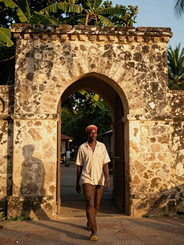 Warm golden-hour environmental portrait of a traveler of African descent walking through a historic stone archway in Zanzibar, rich natural shadows, 35mm film aesthetic