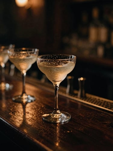 Moody low-key ambient lighting shot of condensation-beaded cocktail glasses on a dark bar counter, golden-hour bar glow, 35mm film grain