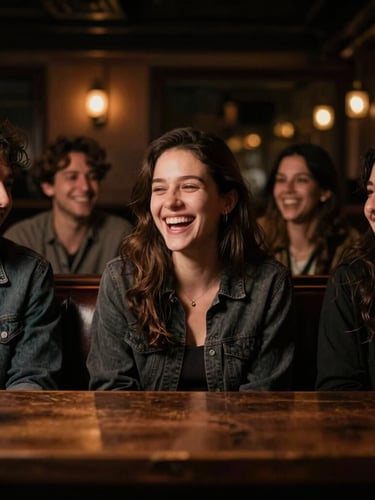 Candid mid-range shot of a happy group of friends laughing in a cozy leather booth under warm low-key ambient bar lighting, shallow depth of field