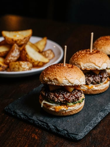 Close-up of shared plates under warm lights, crispy hand-cut potatoes, artisanal sliders on a rustic slate board, shallow depth of field