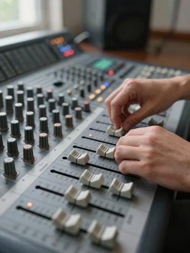 Extreme close-up overhead shot of two hands adjusting faders on a large-format mixing console under tungsten studio lighting, knuckles in sharp focus, the desk surface extending into soft blur, no faces visible, hard northern daylight entering from a high window off to the left