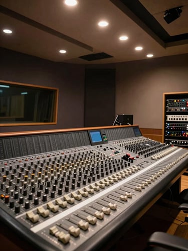 Wide panoramic shot of an empty recording studio control room, mixing console stretching across the full foreground, tungsten ceiling lights casting warm amber pools on the desk surface, no people present, deep shadow filling the rear of the room, racks of outboard gear visible to the right edge