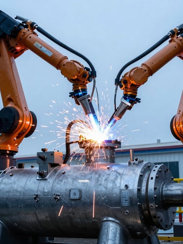 Close-up of industrial robotic welding on a massive steel pressure vessel, bright orange sparks, cold blue steel background, high contrast engineering photography