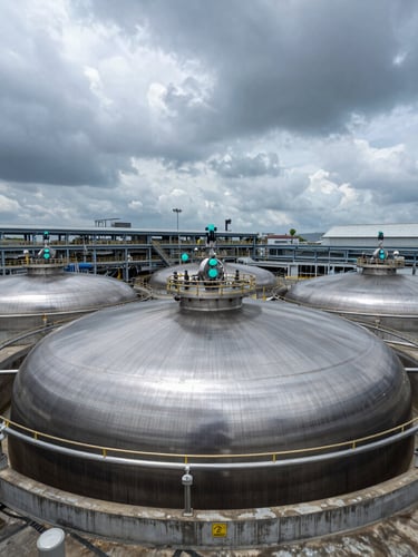 Wide-angle industrial engineering shot of massive steel surge vessels inside a modern water treatment plant, cold steel tones with safety-cyan indicators, dramatic daylight