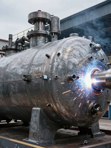 Close-up of high-precision heavy welding on a massive steel pressure vessel inside a modern Egyptian fabrication facility, industrial lighting