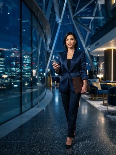 Sleek editorial photography, modern female lifestyle entrepreneur in a high-end architectural space, cool midnight blue and gold studio lighting, sharp futuristic corporate aesthetic