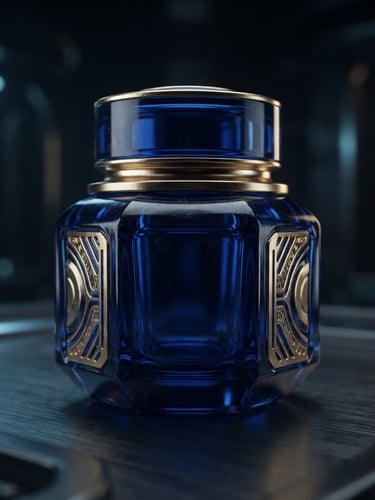 Sleek macro shot of premium deep blue glass jars with gold lettering, cool high-tech studio lighting, dark background, cinematic depth