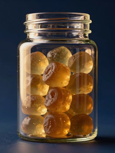 Macro product photography of premium Beauty Gummies in a sleek glass jar, sharp directional golden-hour highlights, deep midnight blue background, cinematic depth