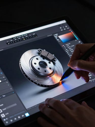 A digital artist using a stylus pen to design a 3D car brake rotor on a professional graphics tablet.
