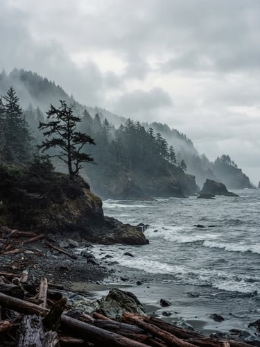 Overcast Pacific Northwest coastline with misty pine trees, desaturated slate tones, moody editorial photography, 35mm