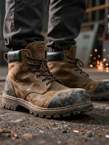 Low-angle heroic shot of heavy-duty safety boots on a gritty industrial steel mill floor, dramatic side-lighting highlighting the composite toe cap and deep tread rubber sole, sparks in the background