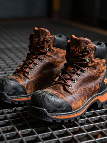 Low-angle heroic shot of heavy-duty industrial leather safety boots with orange accents on a dark metallic steel grid, dramatic side lighting, high contrast texture.