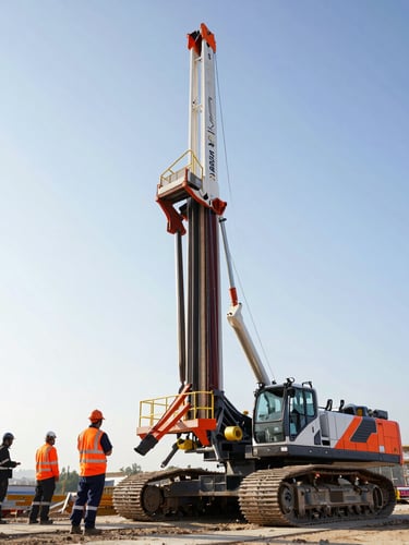 Low-angle heroic shot of a directional drilling rig on a construction site, crew in high-visibility gear nearby, crisp morning daylight, high-contrast cool tones with safety orange accents, wide-angle lens.