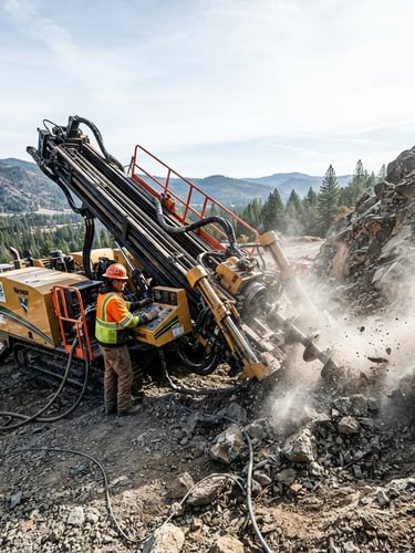 Wide-angle, low-angle shot of a large directional drilling rig actively boring into rocky terrain, high-contrast crisp morning daylight, safety orange accents on machinery, dust and rock fragments in motion, Northern California landscape in background.