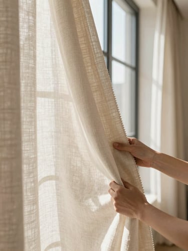 Hands of a designer holding elegant linen fabric swatches against a large window with soft natural daylight streaming through, warm minimalist aesthetic, architectural interior photography, 35mm lens