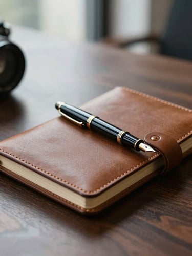 Close-up of a high-quality leather notebook and fountain pen on a dark walnut desk, soft side-lighting from a modern office window, shallow depth of field.