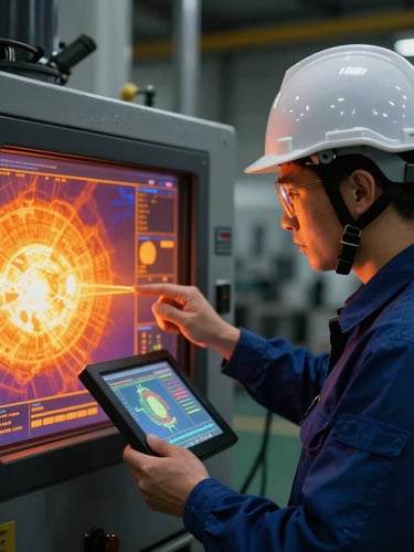 An industrial engineer in a safety helmet analyzing thermal imaging data on a handheld screen, focused on hot spots of heavy manufacturing machinery, crisp technical glow, 35mm