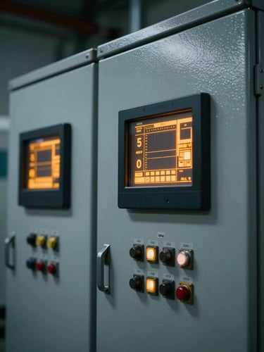 Close-up of an industrial electrical control panel with digital telemetry screens glowing with amber metrics, slate gray steel casing, dramatic technical lighting, 35mm