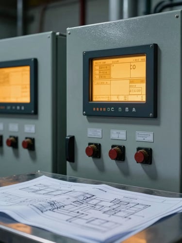 Close-up of a high-voltage electrical control panel with digital diagnostic screens glowing in amber, technical blueprints on a metal table in the foreground, dramatic industrial lighting, sharp focus, 35mm