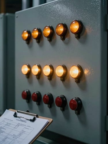 Medium close-up of an industrial electrical control panel with amber indicator lights, technical schematics visible on a clipboard, dramatic side lighting.