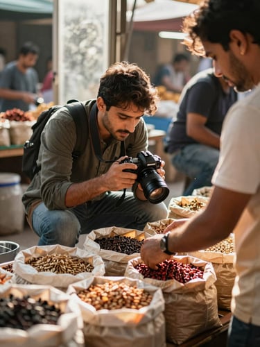 Agency team member crouching at a market stall, holding a camera close to a vendor's hands sorting dried legumes into paper bags, golden hour side-light through a market window, motion and concentration visible