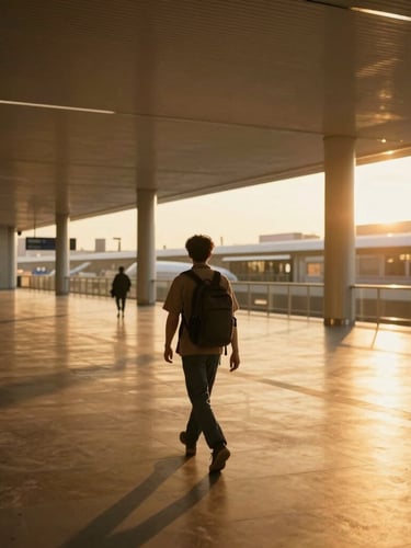Wide environmental shot of a traveler walking through a beautifully lit, modern architectural terminal, warm golden-hour light casting long shadows, cinematic composition, 35mm lens.