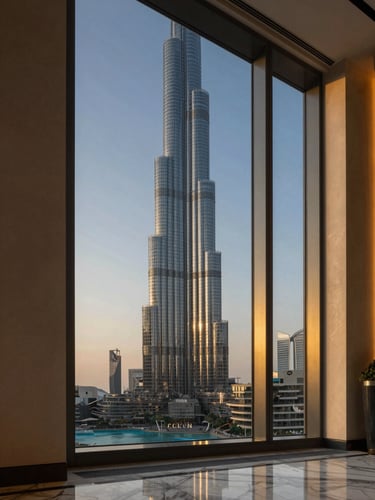 Sleek modern Dubai skyscraper framed through a luxury interior window, soft golden hour light reflecting on marble floors, editorial architectural photography.