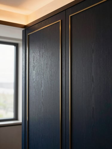 Close-up of premium architectural materials, dark wood paneling with subtle gold brass inlay, warm ambient lighting, luxury interior detail.