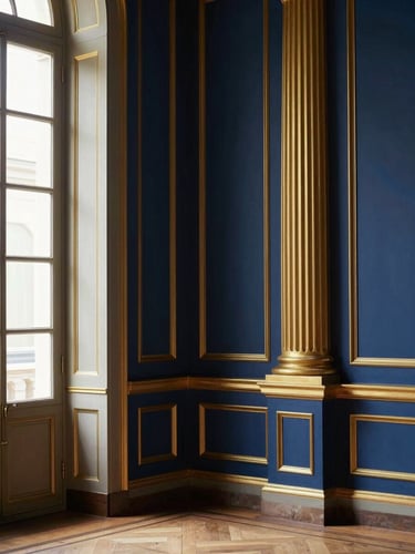 Sleek architectural details of a historic Italian palazzo, soft directional natural light, deep midnight blue and warm gold tones, 35mm lens
