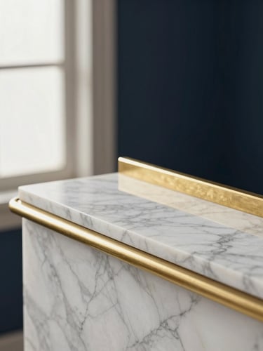 Close-up of premium architectural materials, polished white marble and subtle brass details, soft directional natural light, luxury editorial photography