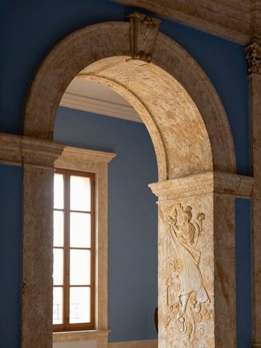 Close-up of historic Italian palazzo stone archway in Foggia, soft morning light, architectural detail, warm gold tones