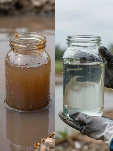 Close-up split-frame comparison: left half shows murky brown industrial effluent collected in a sampling jar, right half shows the same jar filled with clear treated water, held by gloved hands at a remediation site under flat overcast daylight