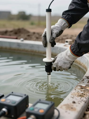 Close-up of a field technician's gloved hands lowering a water sampling probe into a turbid containment pond at an industrial remediation site, overcast natural light, sediment visible in suspension, technical instruments in foreground