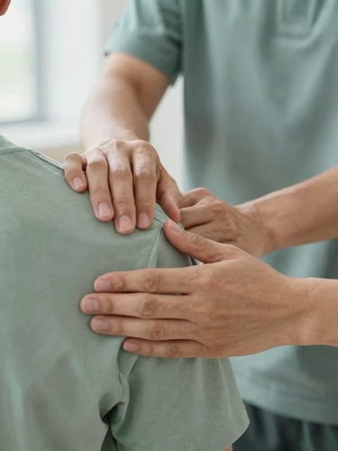 Close-up of professional hands-on manual physical therapy, a therapist gently manipulating a patient's shoulder joint, soft natural daylight, shallow depth of field