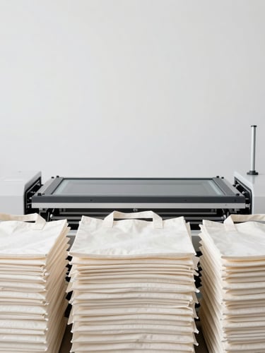 Minimalist clean factory studio, modern screen printing machine, neatly stacked finished tote bags, bright soft lighting, high-end production line, sharp focus