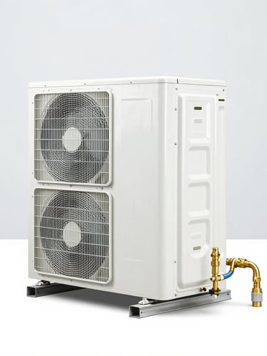 Bright high-key product photography of a clean outdoor AC condenser unit, brass line-set connections in sharp focus, cool-toned studio light, clean minimal slate-grey background, 50mm