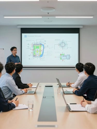 Wide shot of a modern, well-lit conference room with diverse mechanical engineers engaged in a technical seminar, projection screen showing engineering diagrams, clean professional photography, bright daylight, corporate blue and green tones, sharp focus, wide environmental framing, image bleeding to the left edge.