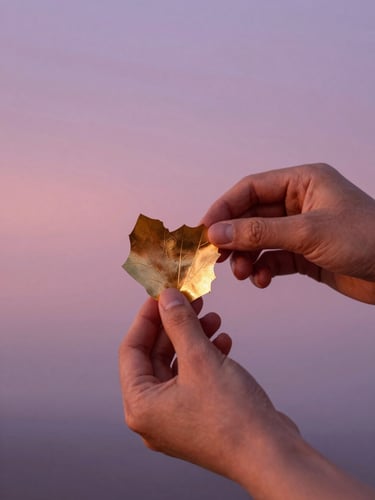 Manos delicadas sosteniendo un fragmento de papel artesanal con sutiles detalles en pan de oro, luz suave de atardecer, tonos rosa y morado, plano cerrado de detalle.