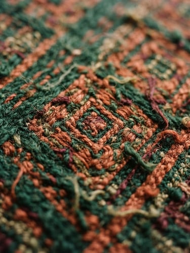 Macro detail shot of intricate handwoven Bhutanese textile textures with deep forest green and rich terracotta threads, soft misty daylight, 35mm lens