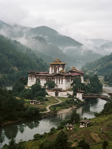 Misty morning in a Bhutanese valley, a traditional dzong fortress nestled among pine trees, soft diffused natural daylight, rich earthy tones.